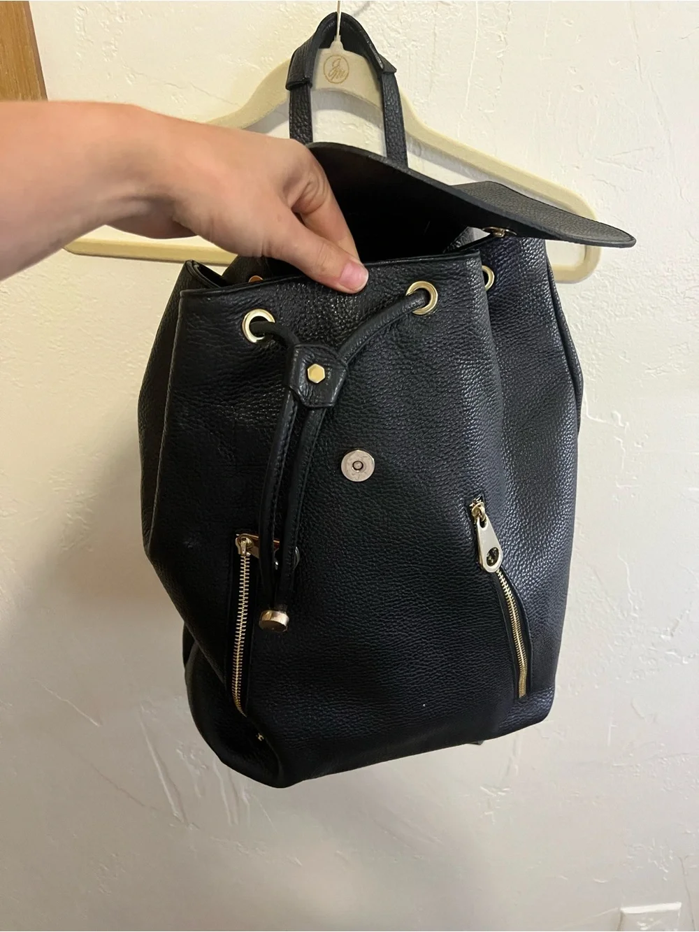 Black Leather Backpack bucket Purse